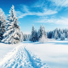 Snowy winter path through frosted trees