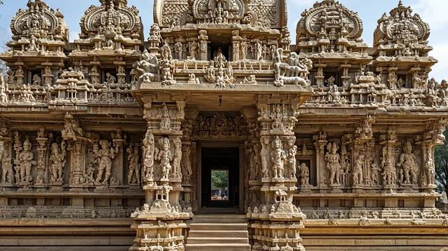 Ornate temple facade, intricate carvings, South Indian architecture,  open air, background of trees