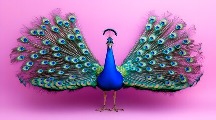 Vibrant Peacock Displaying Colorful Feathers Against Pink Background