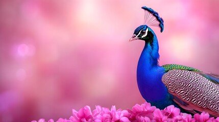 Vibrant Peacock Surrounded by Pink Flowers on Soft Background