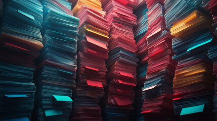 A large pile of oversized, chaotic files and folders symbolizes overwhelming data overload and inefficient digital storage in a bright setting evoking confusion in modern information management

