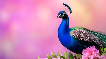 Vibrant Peacock Displaying Feathers Among Beautiful Pink Flowers