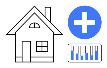 House outline, blue plus sign, medical test kits with samples. Ideal for healthcare, medical diagnostics, telemedicine, home testing, wellness, hospitalization simple landing page