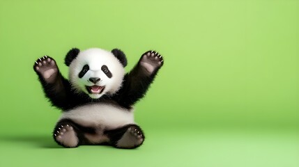 Adorable Baby Panda Cheerfully Raising Its Paws Against Green Background
