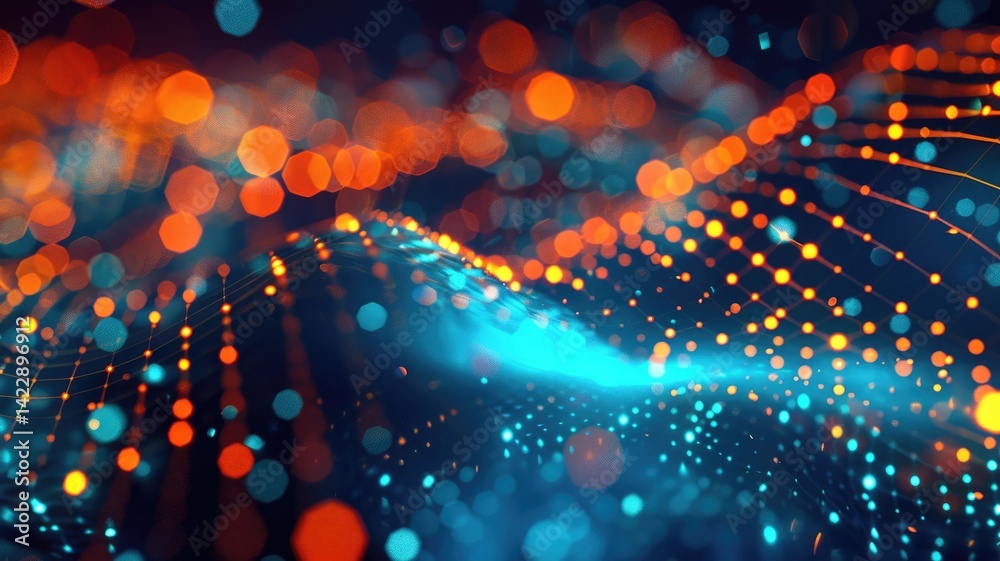 Poster abstract glowing wireframe waves on a dark background. digital art for design of global connection w
