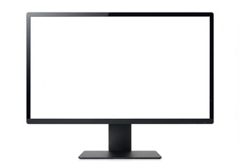 A modern black computer monitor with a blank white screen isolated against a white background space for text