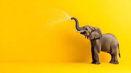 Playful Elephant Spraying Water on Bright Yellow Background