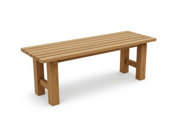 Fototapeta premium A simple wooden bench with a slatted seat and sturdy legs sitting on a plain white background studio shot