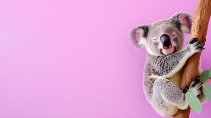 Cute Koala Relaxing on Tree Branch with Bright Pink Background
