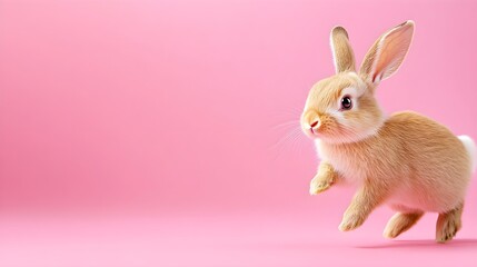 Adorable Bunny Rabbit Hopping on Pink Background in Playful Mood