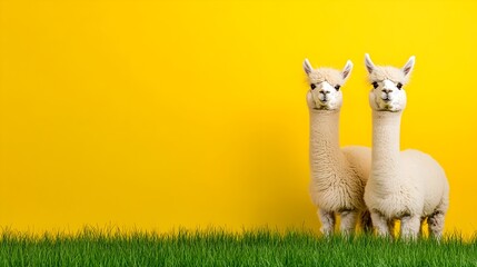 Two Cute Alpacas on Bright Yellow Background with Green Grass