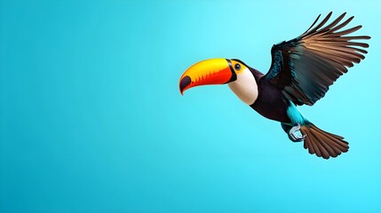 Vibrant Toucan Flying Against a Bright Blue Background in Nature