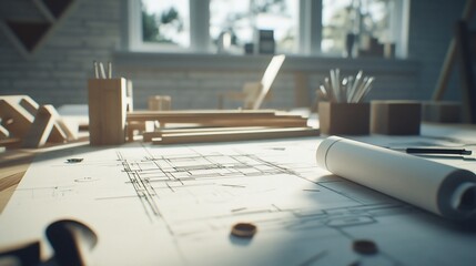 Architectural blueprint and tools showcase creativity and precision in design process