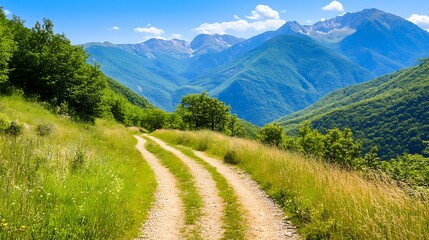 Fototapeta premium Mountain path through lush green valley under sunny sky. Ideal for travel brochure or nature wallpaper