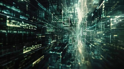 Fototapeta premium Abstract picture with digital style scenery, high tech building scatter around glow fantasy neon light. Cyberspace scene with technology design construction perfect for futuristic style design. AIG53.