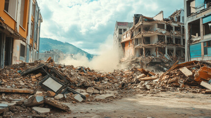 Fototapeta premium city skyline lies in ruins after massive earthquake, with collapsed buildings and debris filling streets under cloudy sky. Dust rises amidst destruction, creating somber scene