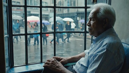 Elderly man watches the rain from a window