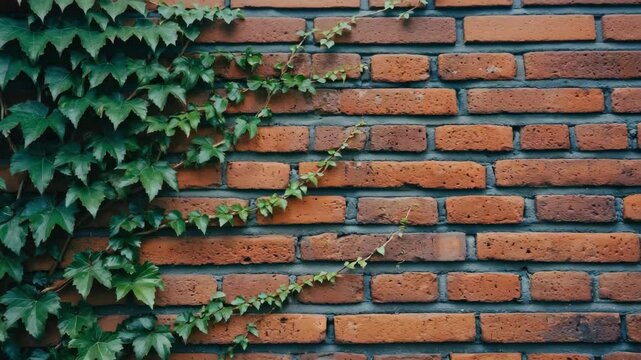Green vine plant growing on textured brick wall, climbing plants with leaves and brick background in natural light.