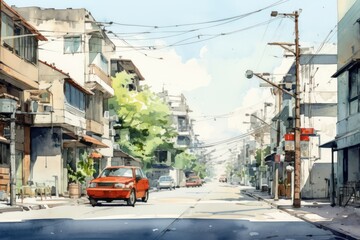 Obraz premium Watercolor illustration city street vehicle suburb road.