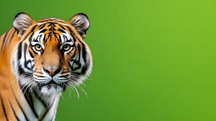 Close-Up Portrait of a Majestic Tiger Against a Green Background