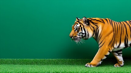 Majestic Tiger Walking Gracefully on Green Grass Background