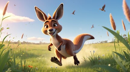 A cheerful cartoon kangaroo bounds joyfully through a sundrenched meadow birds soaring above