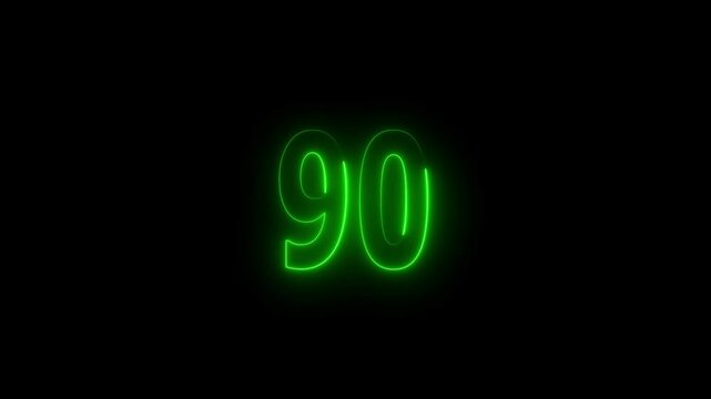 Glowing neon countdown 90 number animation. Countdown timer number animation.