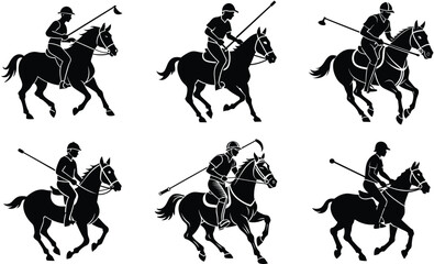 Polo player on horse silhouette black vector art design set