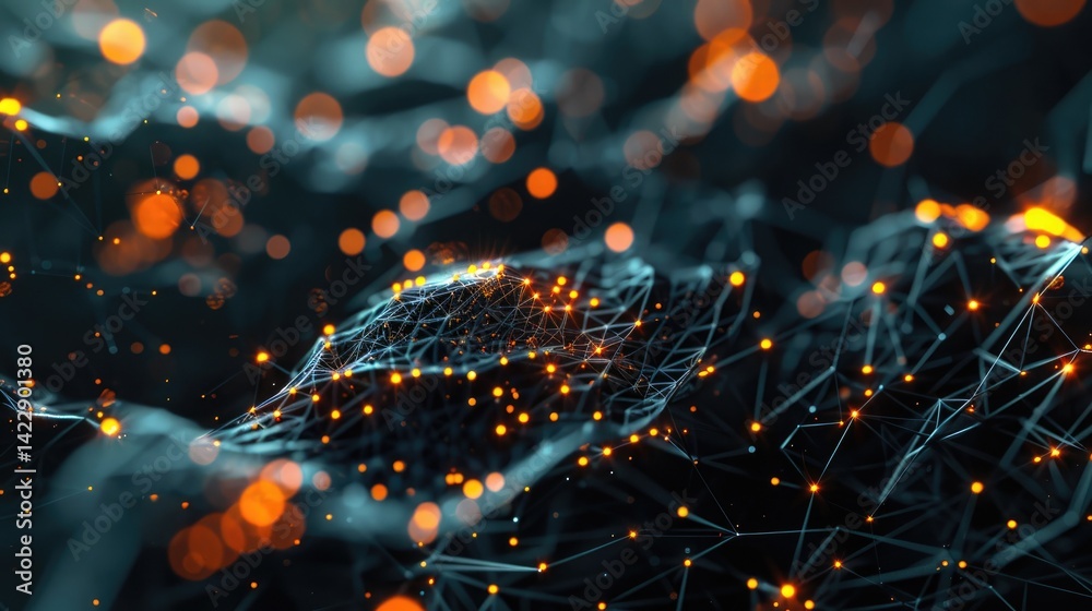 Poster a conceptual visualization showcasing an intricate wireless mesh network, illustrating the interacti