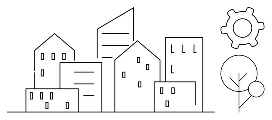 Outline of various building types with a gear and tree to the side, illustrating urban growth, sustainability, and innovation. Ideal for urban planning, technology, environment, architecture, real