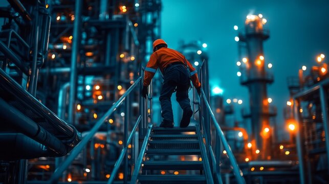 Oil refinery worker climbing stairs at night for inspection