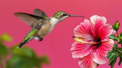 Fototapeta premium Hummingbird hovering a hibiscus flower on a solid magenta backdrop