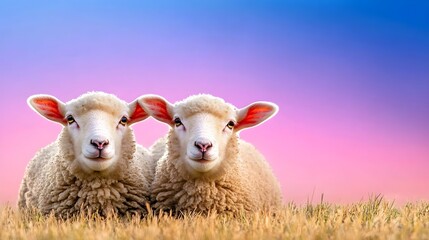 Two Adorable Sheep on Pasture with Colorful Sunset Background