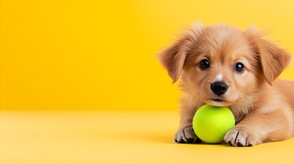 Adorable Puppy with Green Ball on Bright Yellow Background