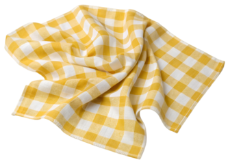 Transparent PNG available
Crumpled yellow and white checkered gingham cloth napkin with natural folds and wrinkles, casual kitchen or picnic textile detail, isolated on transparent background.