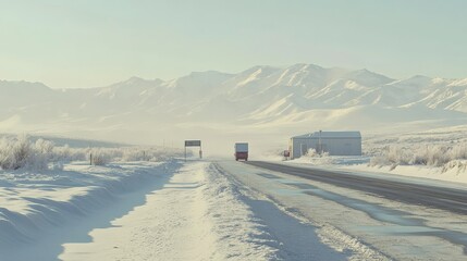 Serene Winter Highway with Weigh Station in Distance