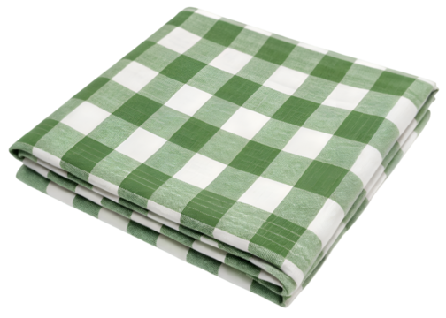 Folded green and white checkered tablecloth made of soft cotton fabric, classic picnic or kitchen decor item with neat lines and clean finish, isolated on transparent background.