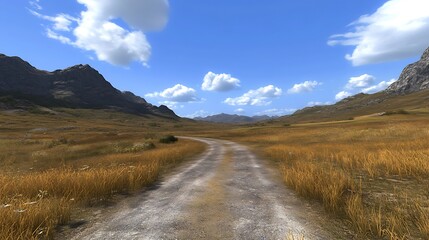 Scenic mountain road through golden meadow under blue sky. Ideal for travel, nature, or outdoor recreation posters