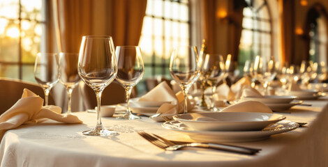Upscale banquet table set with wine glasses, plates, and napkins in warm sunlight, soft focus background, luxurious fine dining concept. Ai generative