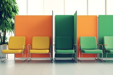 Modern office waiting area with green seating and orange partitions. 3D Rendering