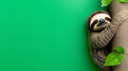 Cute Sloth Climbing Tree Against Vibrant Green Background