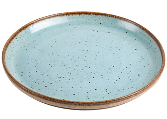 Handmade round ceramic plate in pale blue with speckled sand grain texture and rustic brown rim, perfect for food presentation or kitchen decor, isolated on transparent background. 
