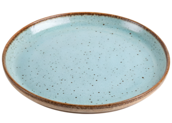 Handmade round ceramic plate in pale blue with speckled sand grain texture and rustic brown rim, perfect for food presentation or kitchen decor, isolated on transparent background. 
