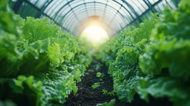 Rows of vibrant green lettuce grow inside a greenhouse