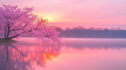 Fototapeta premium Pink Cherry Blossom Sunrise over Lake