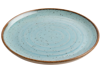 Handmade round ceramic plate in pale blue with speckled sand grain texture and rustic brown rim, perfect for food presentation or kitchen decor, isolated on transparent background. 