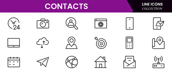 Contact us line icon set. Chat, name, address, email, message, phone, and more. Outline vector icon in linear style. Conceptual pictogram collection