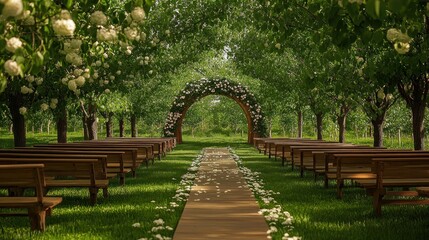 Obraz premium Lush outdoor wedding ceremony in a beautiful orchard.