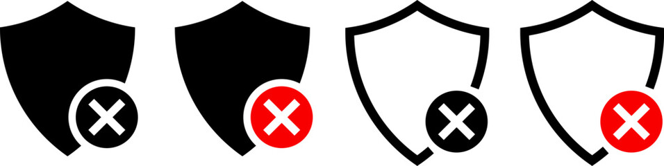 Shield cross mark icon set. cyber protection and privacy. digital protection lock icons. encrypted padlock sign
