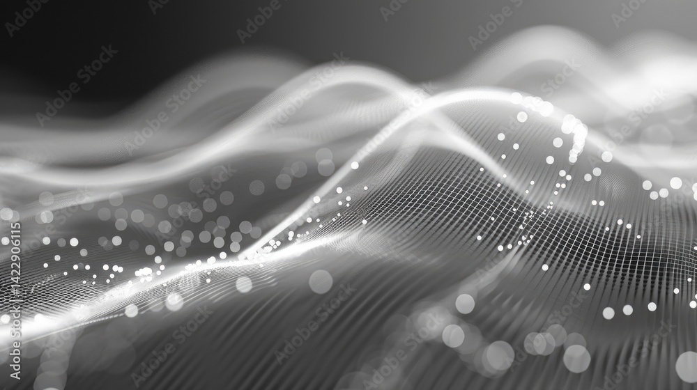 Poster this image features an abstract white technological flow with data particles, showcasing smooth wave